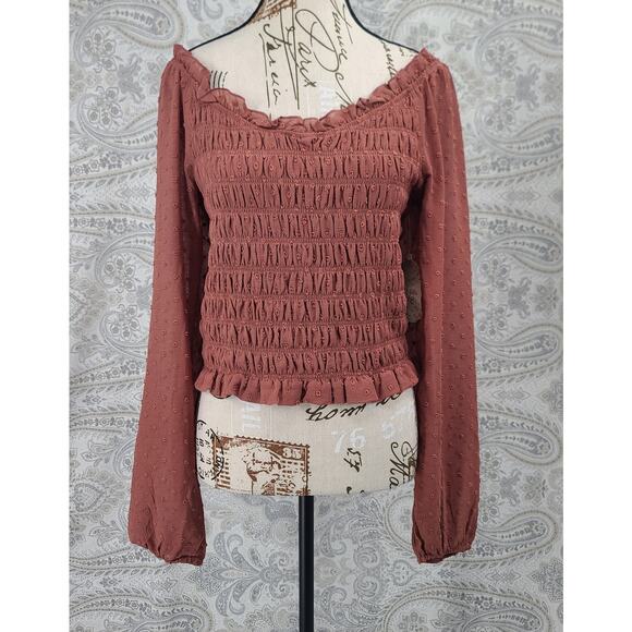 Altar'd State women's long sleeve swiss dot smocked bodice top mauve Milkmaid - Picture 1 of 11
